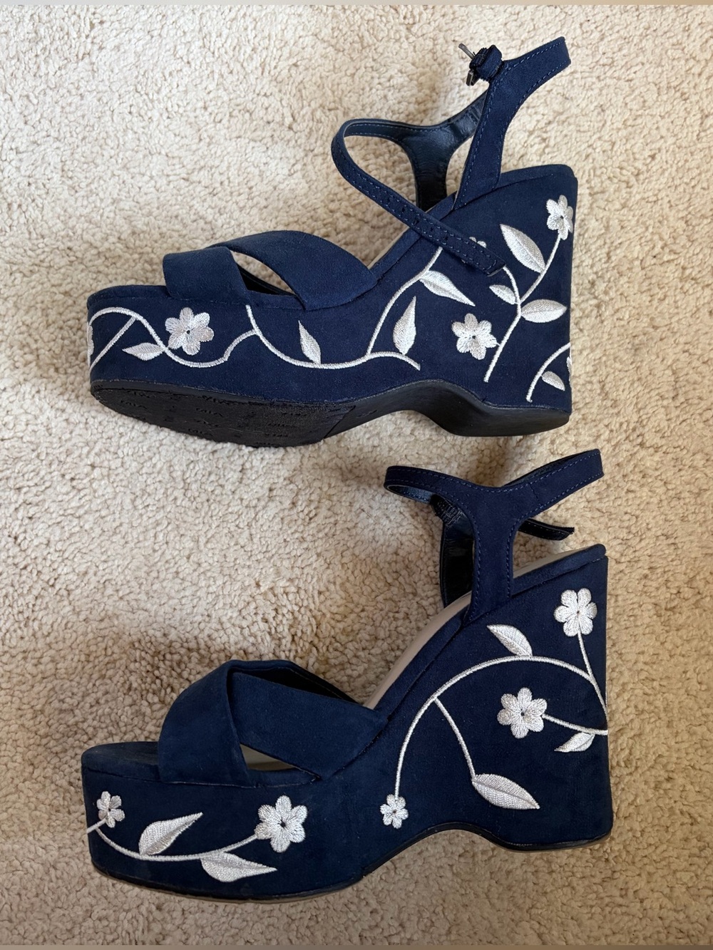 Navy Floral Embroidered Wedge Sandals - Picture 3 of 7